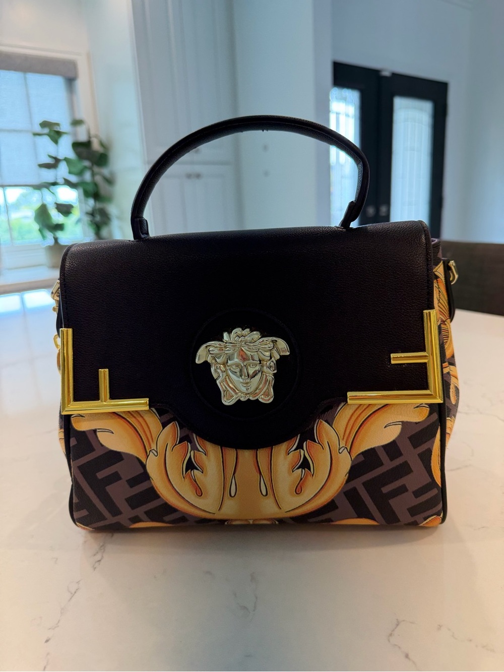 Black and Gold Baroque Accent Top-Handle Women's Bag